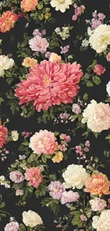 Vintage floral wallpaper with pink, orange, and cream blossoms on black background.