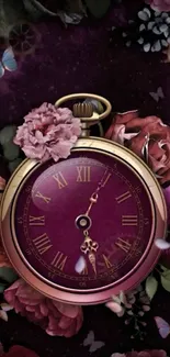 Vintage pocket watch with floral design and butterflies on a purple background.