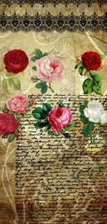 Vintage floral wallpaper with roses and script.