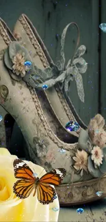 Vintage floral shoes with butterfly and gems on a whimsical background.