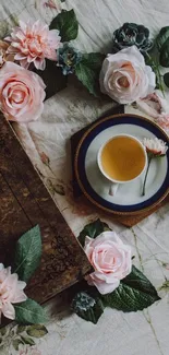 Vintage floral wallpaper with tea cup and book.