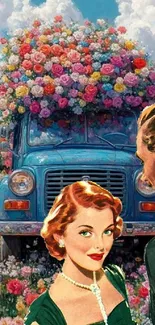 Vintage truck adorned with colorful flowers