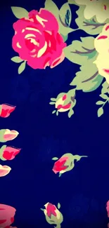 Vintage floral wallpaper with pink roses on a navy background.