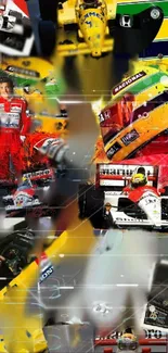 Vintage Formula One collage featuring cars and helmets in vivid colors.