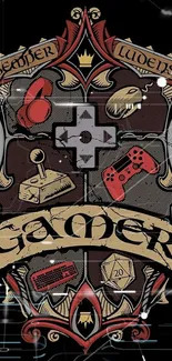 Vintage gamer emblem wallpaper with gaming symbols and black background.