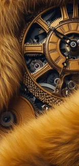 Aesthetic wallpaper featuring vintage gears and luxurious fur textures.