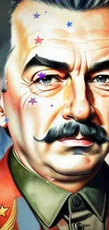 Vintage portrait of a mustached general with colorful stars.