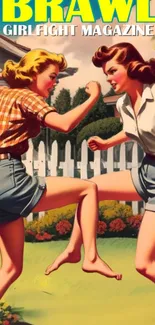 Retro illustration of two women playfully sparring in a colorful garden setting.