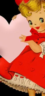 Vintage illustration of a girl in red holding a heart.