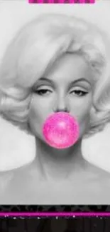 Black and white portrait with pink bubblegum.