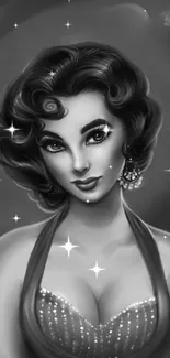 Vintage grayscale portrait of a glamorous woman with classic elegance.