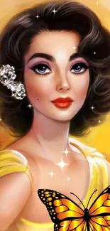 Vintage glamour woman illustration with butterfly on yellow background.