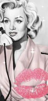 Vintage phone art featuring a chic woman and pink lips.