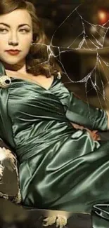 Vintage woman in green satin dress with shattered glass effect.