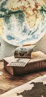 Vintage globe and books on wooden desk, sepia tone.