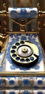 Vintage rotary phone with gold and blue design.