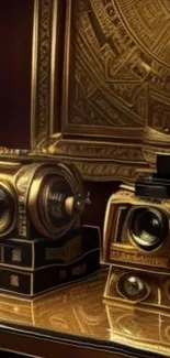 Golden vintage cameras with ornate design and intricate detailing.