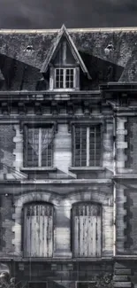 Gothic-style vintage building in grayscale.