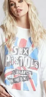 Woman wearing a vintage graphic t-shirt with punk design.