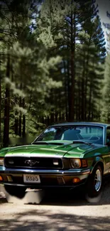 Vintage green car parked in a lush forest.