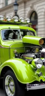 Lime green vintage car in urban setting with classic design.