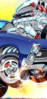 Illustration of a blue GTO car with a powerful engine against a vibrant background.