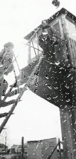 Black and white image of a vintage guard tower.