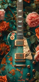 Vintage guitar surrounded by vibrant roses.