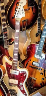 Vintage guitars in an artistic collection display.