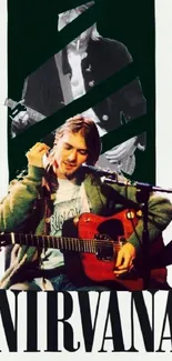 Nirvana guitarist with acoustic guitar in dynamic wallpaper design.