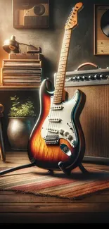 A vintage guitar in a cozy studio setting with warm lighting.