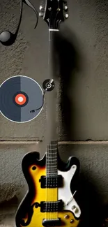 Vintage guitar against a light gray wall with music symbols.