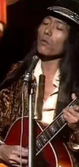 Vintage guitarist playing on stage with passion.