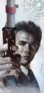 Artistic portrayal of a man holding a gun.