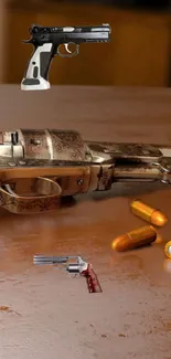 Vintage gun wallpaper with bullets on rustic surface.