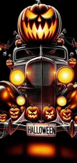 Spooky vintage car with pumpkins and bats for Halloween.