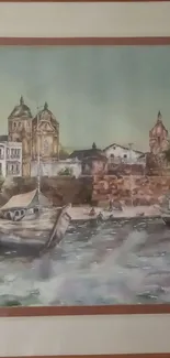 Vintage watercolor of a harbor scene with boats and buildings.