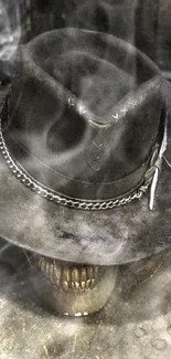 Vintage leather hat on a wooden skull.