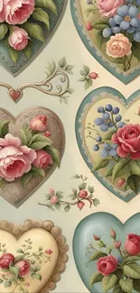 Vintage floral heart wallpaper with roses and intricate design elements.