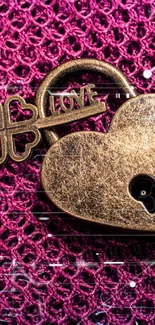 Vintage heart lock with key on a purple texture background.