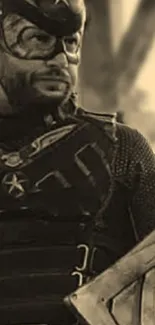 Sepia-toned image of a hero in detailed armor with a shield.