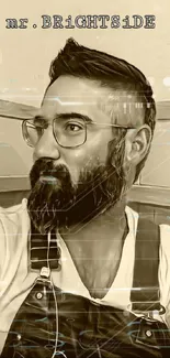 Vintage sepia portrait of hipster man with beard and glasses.