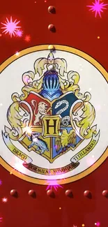 Hogwarts Railways emblem on a vibrant red background.