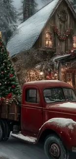 Vintage red truck with a Christmas tree by a snowy holiday cabin.