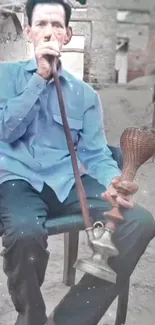 Man smoking traditional hookah in rustic setting, vintage style.