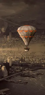 Vintage hot air balloon over abstract cityscape.