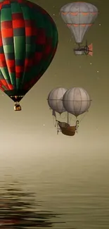 Vintage hot air balloons over serene water with warm, olive tones.