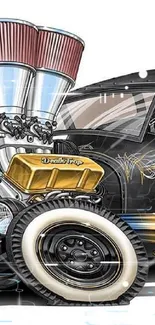 Vintage hot rod illustration with chrome exhaust.