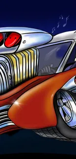 Illustrated vintage hot rod in vibrant colors.