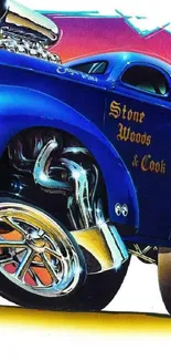 Vibrant vintage hot rod illustration in deep blue with dynamic design elements.